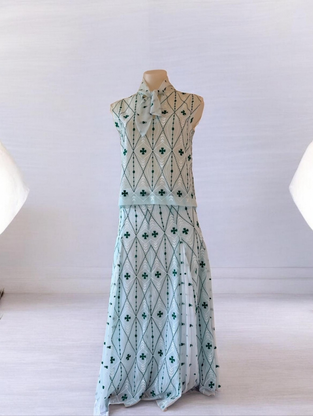 RARE $510 NWT Sandro Paris 2019 SET OF 2 Chiffon Lace Sheet Top S + Midi Skirt L